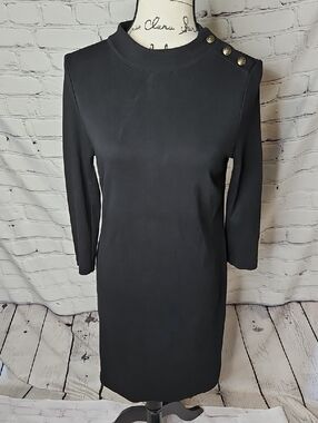Talbots Black 3/4 Sleeve Sheath Dress Button Detail Dress Size Petite Medium NWT